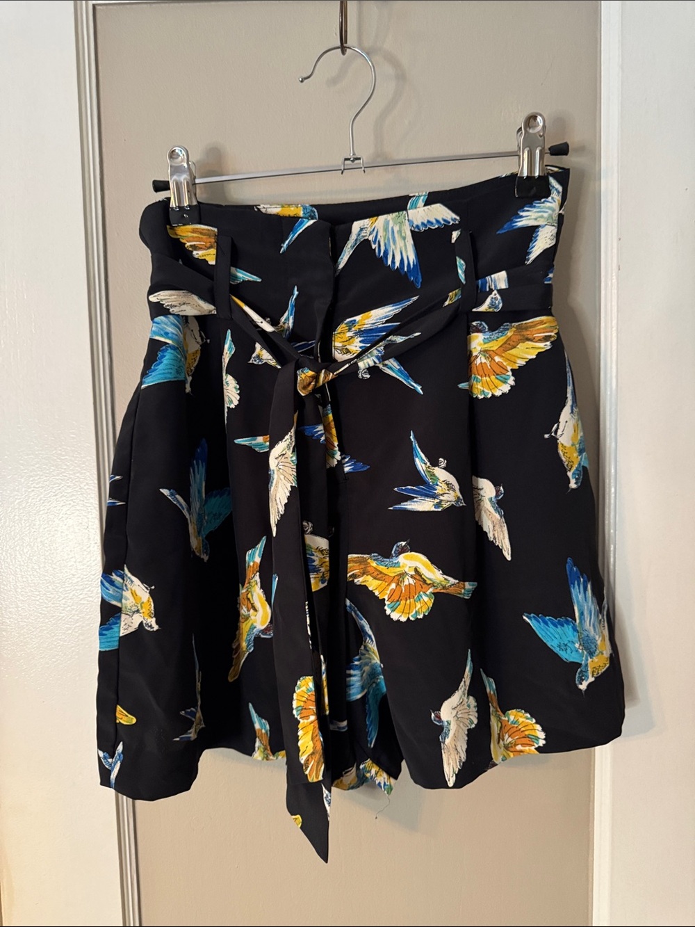 Zara High Waisted Paper bag Black with Multicolor Bird Print Shorts-Sz XS